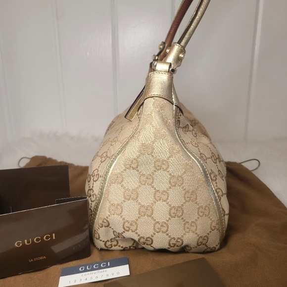 GUCCI CANVAS ABBEY SHOULDER BAG BEIGE/GOLD EARLY 90'S - Picture 5 of 12